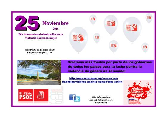 El PSOE de El Ejido se sumará mañana a la campaña de Naciones Unidas contra la violencia de género con una suelta de globos